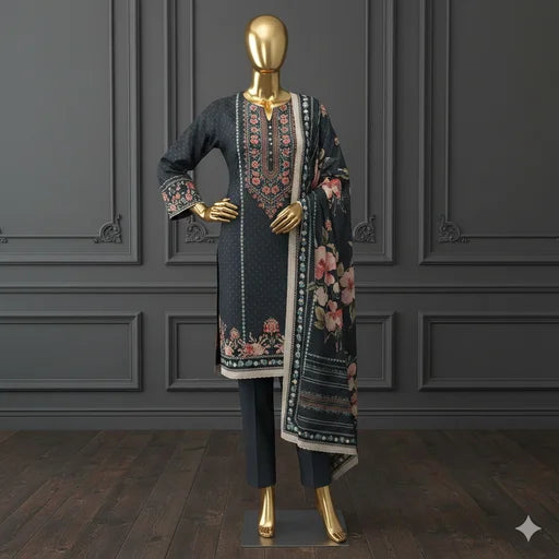 Regalia Unstitched 3-Piece Linen Suit for Women | Digital Print Shirt & Trouser | Winter Collection