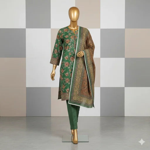 Original Branded Safina Khaddar 3 Piece Unstitched Printed Suit – Elegant Winter Collection with Printed Dupatta & Trouser | Premium Khaddar Fabric for Women